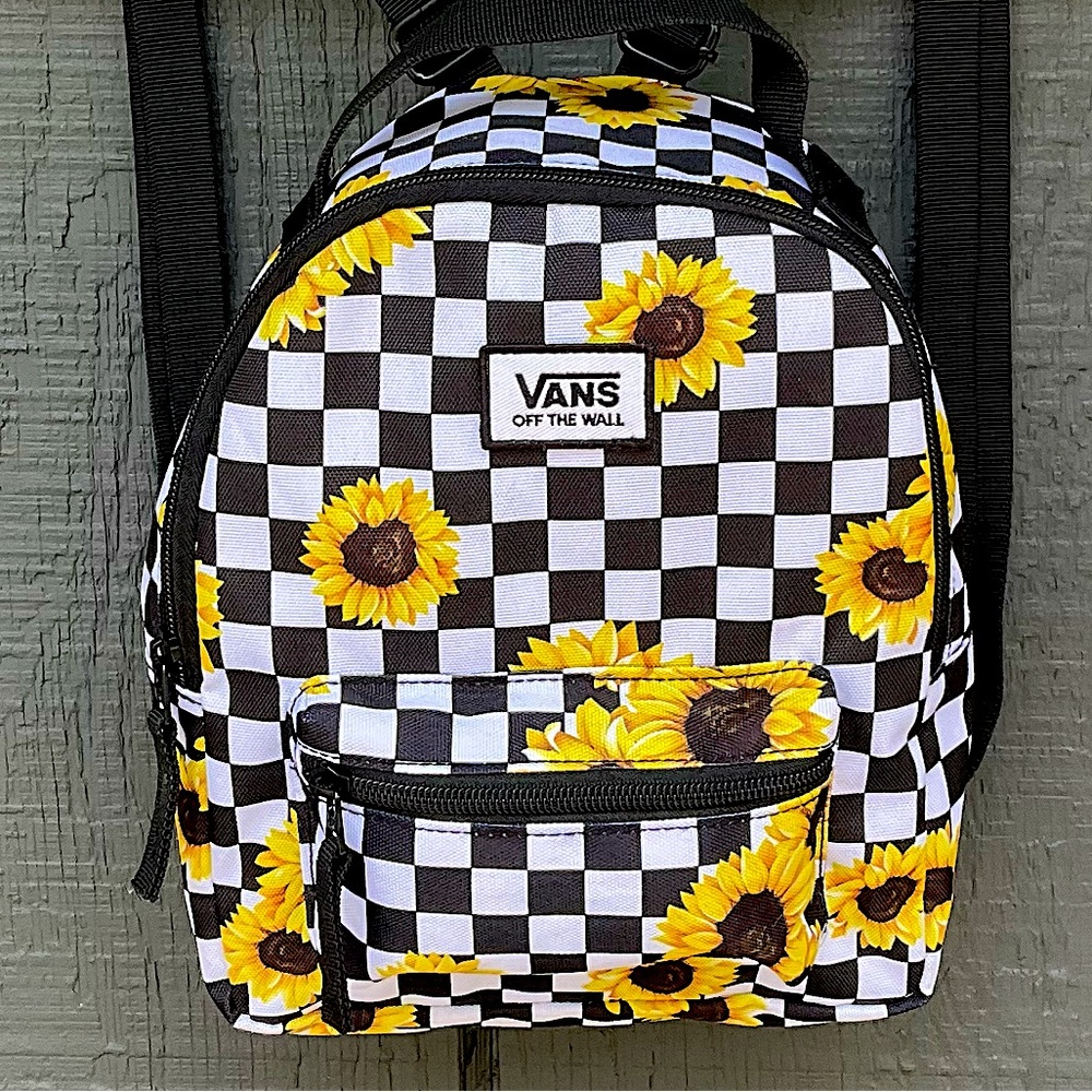 VANS 🌻 Off the Wall Black/White Check Backpack Vibrant Sunflowers EUC